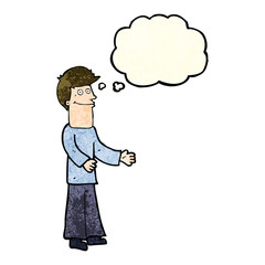 cartoon man shrugging shoulders with thought bubble