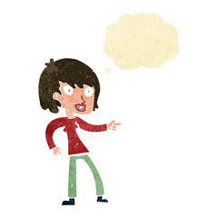 cartoon woman pointing with thought bubble