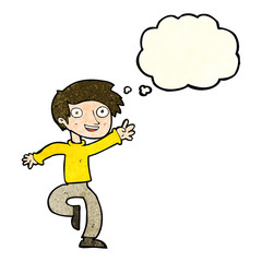 cartoon excited boy dancing with thought bubble