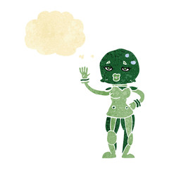 cartoon female astronaut with thought bubble