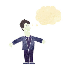 cartoon vampire man with open arms with thought bubble