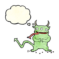 cartoon little demon with thought bubble