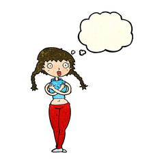 cartoon offended woman covering herself with thought bubble