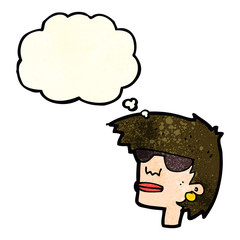 cartoon female face with glasses with thought bubble