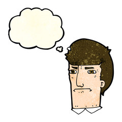 cartoon man narrowing eyes with thought bubble