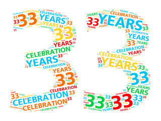 Colorful word cloud for celebrating a 33 year birthday or anniversary