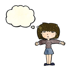cartoon woman shrugging shoulders with thought bubble