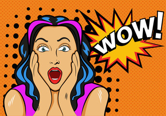 Woman with wow sign. Vector illustration in pop art style.