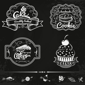 Vector set of bakery and cakes labels, design elements, emblems, badges. Isolated logo illustration in vintage style