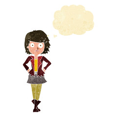 cartoon girl in jacket with thought bubble