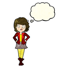 cartoon girl in jacket with thought bubble