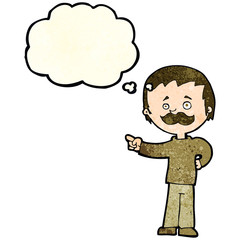 cartoon man with mustache pointing with thought bubble