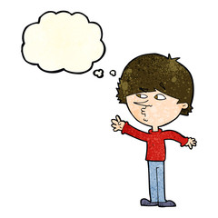 cartoon worried man reaching with thought bubble
