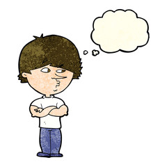cartoon suspicious man with thought bubble