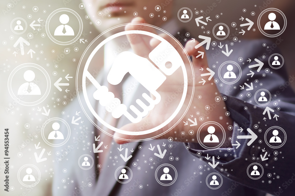 Poster businessman push button handshake icon web