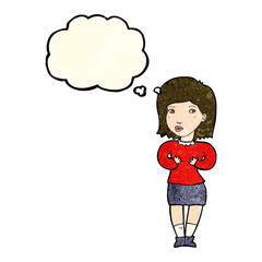 cartoon woman making excuses with thought bubble