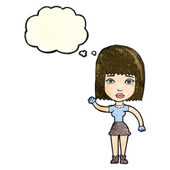 cartoon waving woman with thought bubble