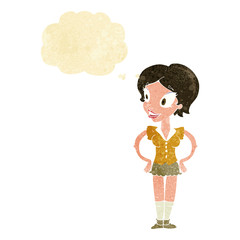 cartoon happy woman in short skirt with thought bubble