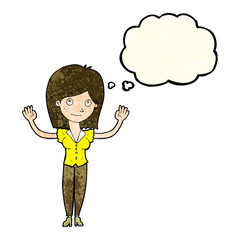 cartoon woman holding up hands with thought bubble