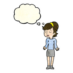 cartoon woman shrugging shoulders with thought bubble