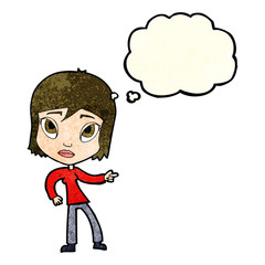 cartoon pointing woman with thought bubble