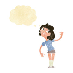 cartoon woman waving with thought bubble