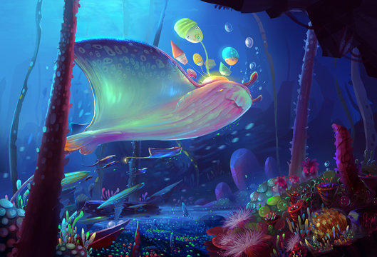 Illustration: Song of the Sea. You never know, in the depths of the sea, there is a group of giant rays wanders everywhere with a small world in their back! - Scene Design - Fantastic