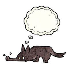 cartoon dog sniffing floor with thought bubble