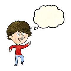 cartoon happy pointing man with thought bubble