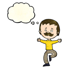 cartoon dancing man with mustache with thought bubble