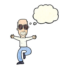 cartoon old man wearing big glasses with thought bubble
