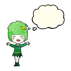 cartoon happy vampire girl with thought bubble