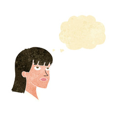 cartoon serious woman with thought bubble