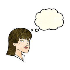 cartoon serious woman with thought bubble