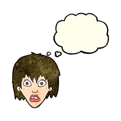 cartoon frightened woman with thought bubble