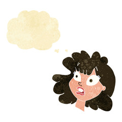 cartoon shocked female face with thought bubble