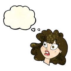 cartoon shocked female face with thought bubble