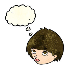 cartoon female face looking up with thought bubble