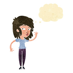 cartoon pretty woman waving with thought bubble
