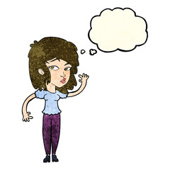 cartoon pretty woman waving with thought bubble