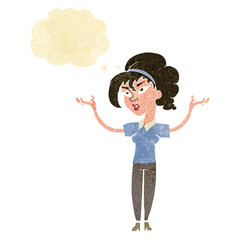 cartoon woman raising hands in air with thought bubble