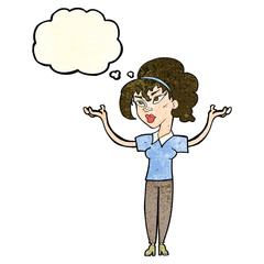 cartoon woman raising hands in air with thought bubble