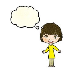 cartoon happy woman with thought bubble