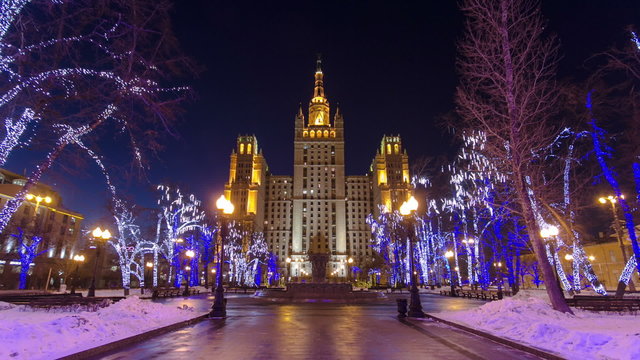 Stalin's famous skyscraper on Kudrinskaya Square timelapse hyperlapse, Moscow, Russia