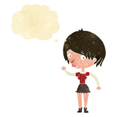cartoon waving woman with thought bubble