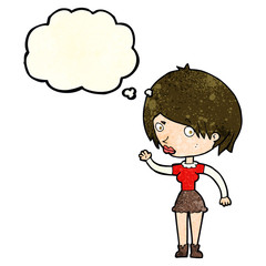 cartoon waving woman with thought bubble