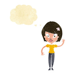 cartoon pretty woman waving with thought bubble