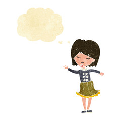 cartoon waving woman with thought bubble
