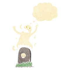 cartoon ghost rising from grave with thought bubble