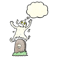 cartoon ghost rising from grave with thought bubble